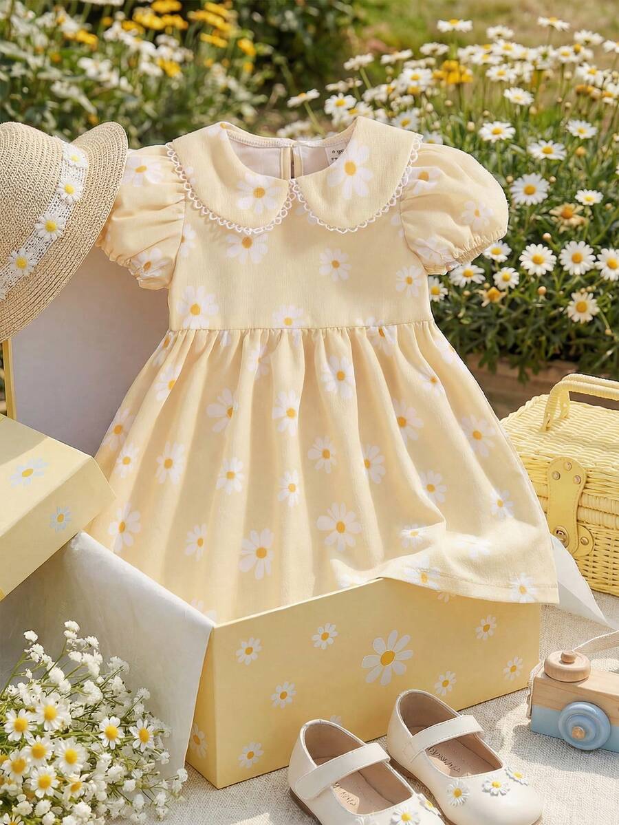 Souflis Souflis Vestido de Bebê Menina Estilo Francês com Estampa de Margarida, Vestido de Princesa Doce com Gola Peter Pan e Mangas Bufantes, Visual Casual Chique para Brincadeiras, Escola e Mais Ocasiões