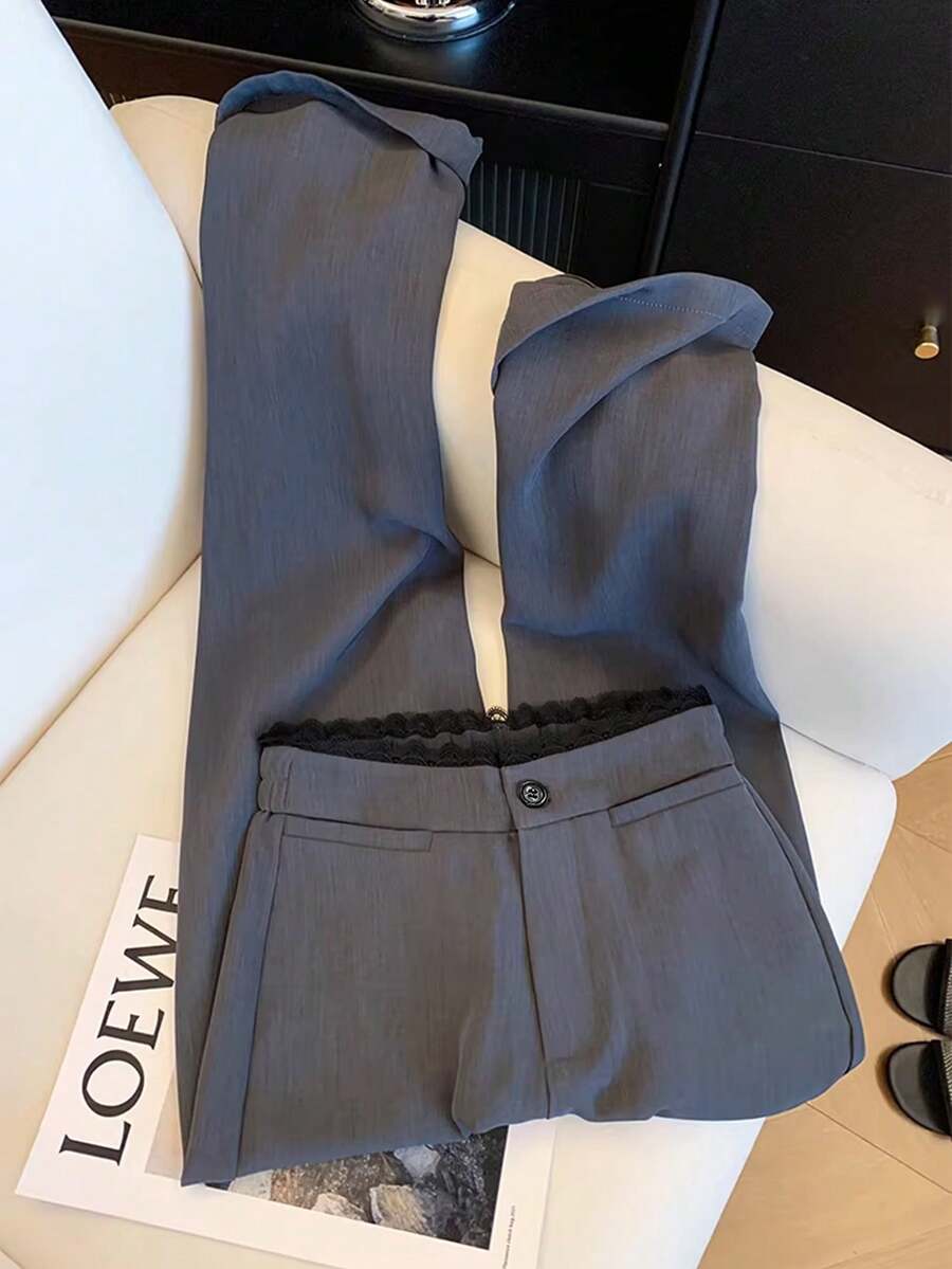 GlowEve 女士休闲宽松直筒西装裤，灰色高腰修身撞色蕾丝边长裤 - 灰色 - 查看 1