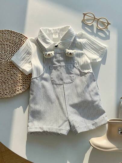 SHEIN Bộ áo liền quần cho bé trai sơ sinh dễ thương, họa tiết gấu hoạt hình 3D kẻ sọc, kiểu dáng mùa hè.