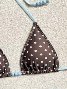 SHEIN Swim Vcay Bộ đồ bơi 3 mảnh nữ in chấm bi, kiểu dáng tam giác nhỏ, buộc dây bên hông, xếp ly, thích hợp cho tiệc trà chiều mùa hè trên bãi biển. - Nhiều màu - Xem 4