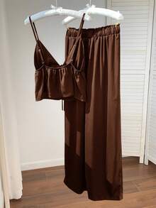 SHEIN Comfortcana Women's Brown Linen Camisole And Pants 2 Pieces Set, Summer Outfit - Brown - View 2