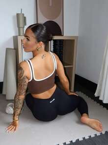 SAYEHFBABY Top deportivo de mujer con dobladillo corto para uso diario y fitness - Café integral - Ver 2