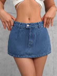SHEIN ICON Chân váy ngắn denim nữ với họa tiết kẻ sọc tinh tế - Rửa trung bình - Xem 4