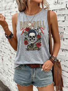 SHEIN LUNE 女士休闲百搭音乐节图案乡村音乐节骷髅乐器印花背心 - 淺灰色 - 查看 4