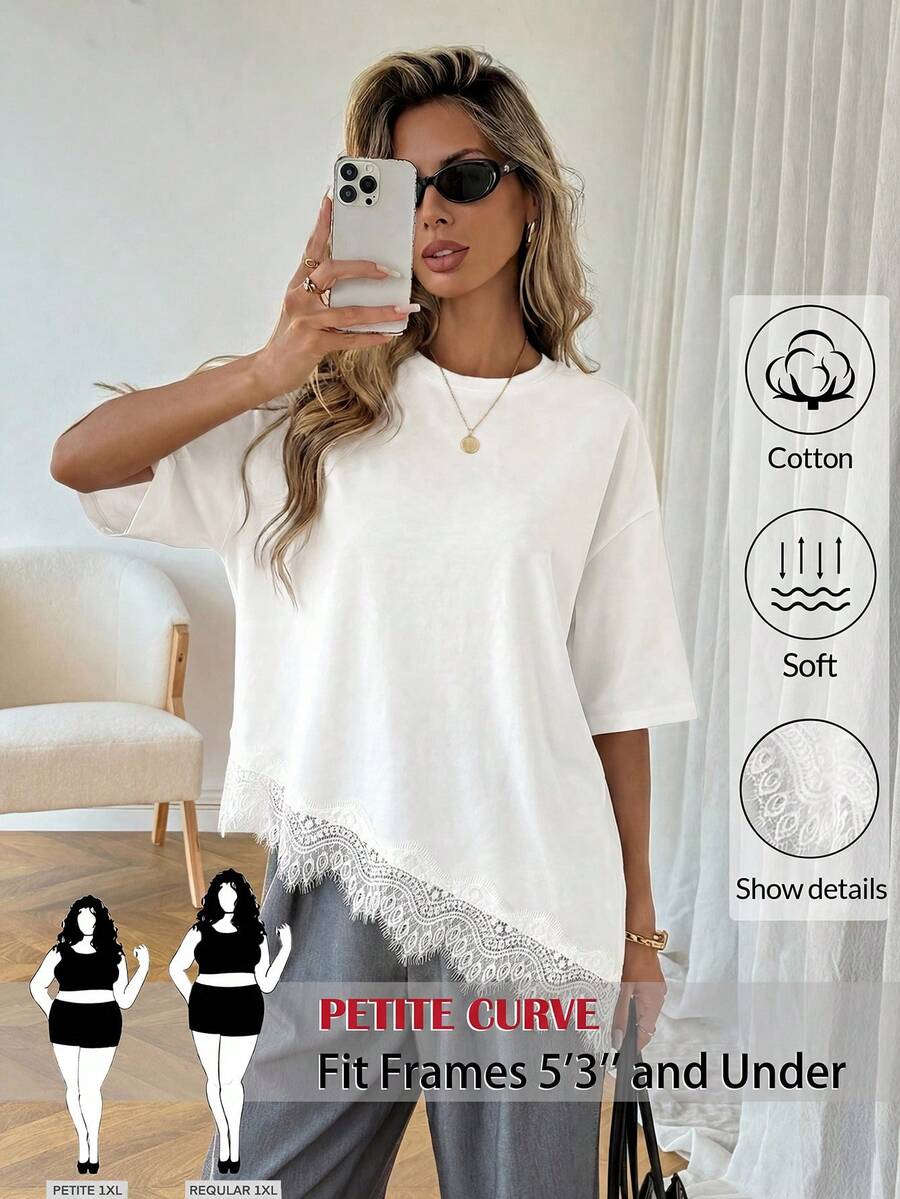 SHEIN PETITE CURVE 大码女式纯色圆领落肩蕾丝下摆T恤 - 白色 - 查看 1