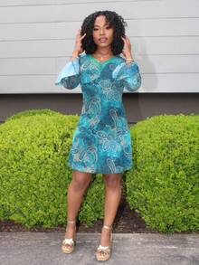 Steph T Y2K Women Boho Vintage Paisley Print Teal Printed Casual Long Sleeve V-Neck Cinched Waist Women Mini Dress - Multicolor - View 3