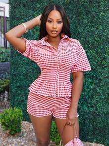 Chea Andrea 2 Stücke Damen Karohemd und Shorts Set, Lässig - Rot - Übersicht 1