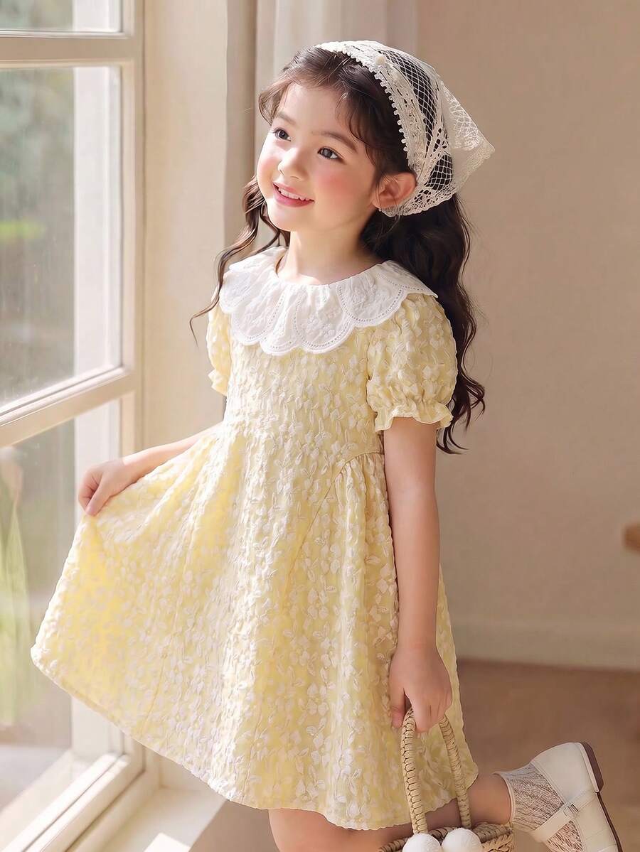 Elladie kids 1件女童夏季新款梭织纹理蓝色提花面料白色刺绣领花瓣袖开襟收腰休闲度假百搭甜美公主裙,适合上学、生日派对等场合 - 黃色 - 查看 1