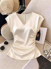 SHEIN Franclia 白色缎面府绸V领褶皱时尚优雅女士短袖衬衫，是夏季度假的理想之选，白色衬衫，夏季上衣 - 杏色 - 查看 7