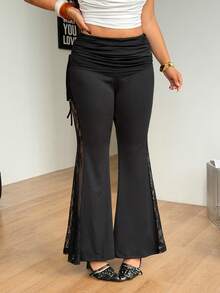 Coolane 女士黑色蕾丝侧边拼接沙滩度假性感腰部抽绳褶皱喇叭裤 - 黑色 - 查看 6
