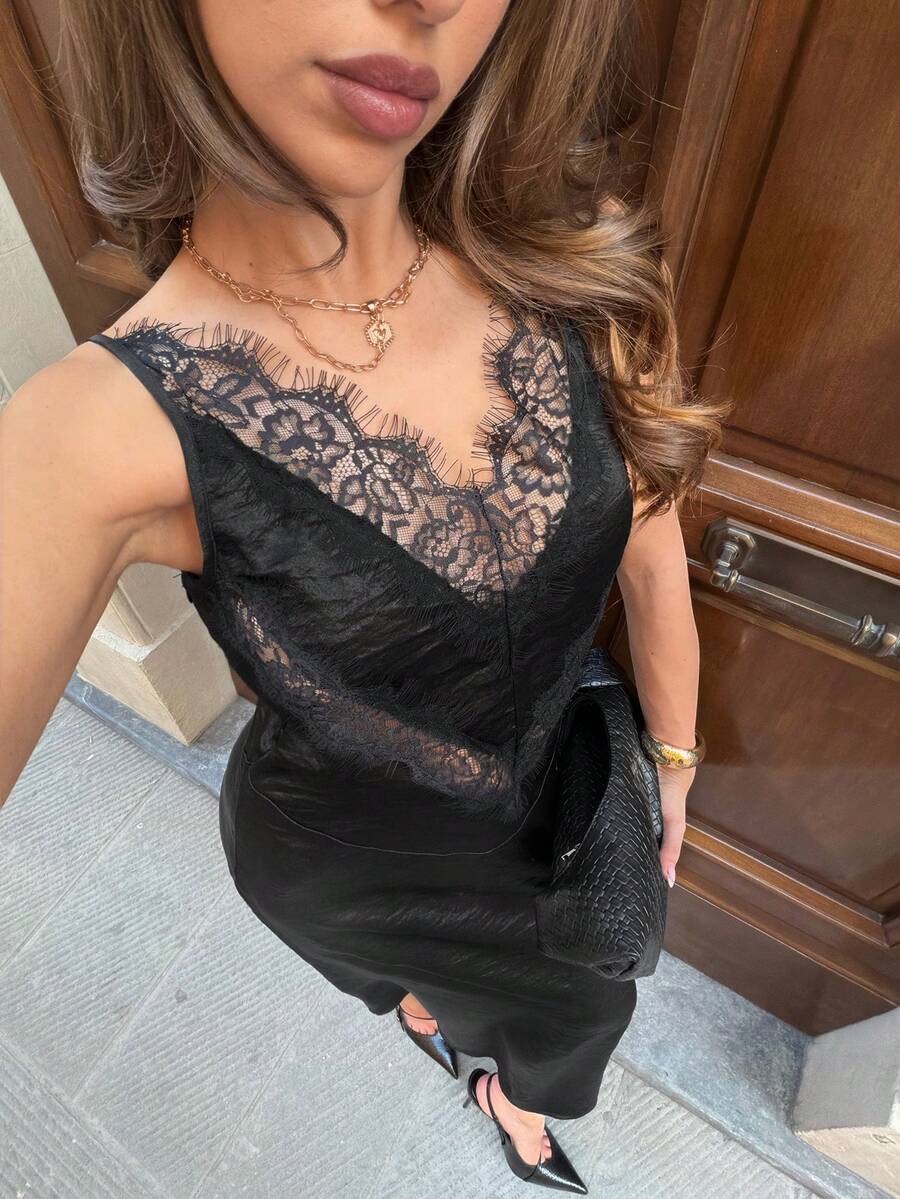 Siren Gaze 女士黑色V领蕾丝拼接吊带连衣裙，缎面蕾丝吊带长裙，黑色，新款夏季休闲连衣裙，晚礼服，婚礼宾客礼服 - 黑色 - 查看 1