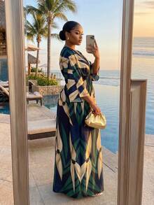 SHEIN CURVE+ Plus Size Women's Vacation Green Plant Print 3/4 Sleeve Dress - Multicolor - View 3