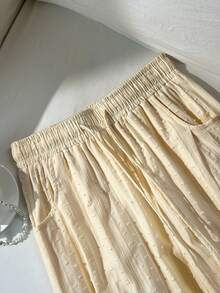 Elamini 夏季休闲宽松棉质弹力腰飘逸轻盈阔腿裤 - 卡其色 - 查看 3