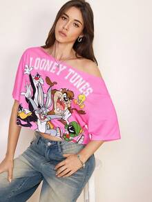 LOONEY TUNES X SHEIN 女士休闲街头日常通勤趣味卡通字母印花不对称领宽松T恤，夏季 - 粉色 - 查看 6