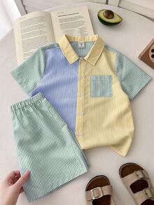 SHEIN Little Byeori 男童撞色条纹印花纽扣前开襟休闲短袖衬衫套装 - 彩色 - 查看 3