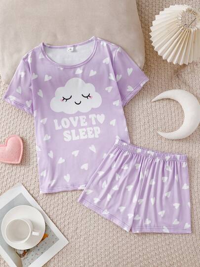 Conjunto de 2 piezas de top de manga corta y shorts holgados, cómodos y suaves con estampado de nubes y corazones, para niñas, verano