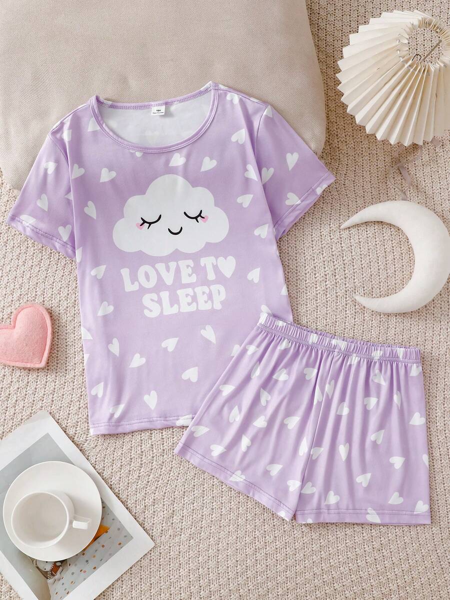 Ensemble 2 pièces Top à manches courtes et short violet, imprimé nuage et cœur, doux et confortable, style décontracté ample, pour l'été - Prune - Voir 1