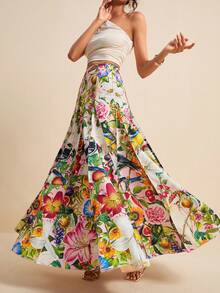 LOTSLUV Falda plisada con estampado floral tropical en toda la prenda, adecuada para vacaciones de primavera/verano - Multicolor - Ver 3