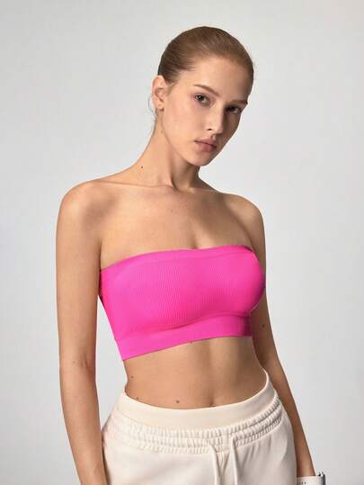Loungeista 1pc Seamless Ribbed Bandeau Top, High Elasticity Wireless Soft Comfortable Breathable Yoga Crop Top, Non-Padded, Suitable For Fitness, Outerwear, Homewear, Travel, Sports Bra