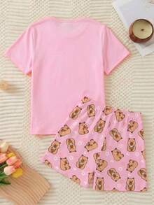 可爱卡通水豚喝珍珠奶茶印花针织面料舒适柔软甜美可爱圆领短袖短裤宽松两件套睡衣套装，适合少女穿着 - 彩色 - 查看 2