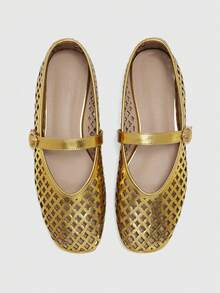CUCCOO BIZCHIC Spring And Summer Gold Laser Hollow Square Toe Word Belt Comfortable Soft Simple Commuter Women Flat Shoes - Gold - View 8