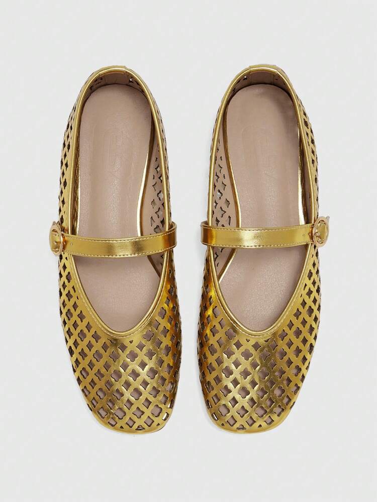 CUCCOO BIZCHIC Spring And Summer Gold Laser Hollow Square Toe Word Belt Comfortable Soft Simple Commuter Women Flat Shoes