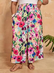 SHEIN CURVE+ 大码女式印花束腰宽松阔腿裤，带口袋，休闲度假风，春夏女裤，波西米亚风度假裤，花卉/春季 - 彩色 - 查看 4