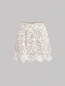 SHEIN MOD Chân váy ngắn nữ thời trang thêu ren phối nhiều lớp, thích hợp cho các buổi hẹn hò và lễ hội âm nhạc. - trắng - Xem 3