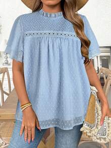 Ceyna Plus Size Ruffle Collar Short Sleeve Blouse, Spring/Summer Vacation Blue And White Elegant - Baby Blue - View 5