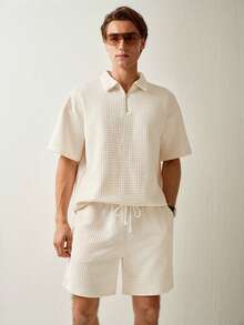 RONVEXI Men's Textured Short Sleeve Top And Shorts, Summer 2pcs Set - Khaki - View 6