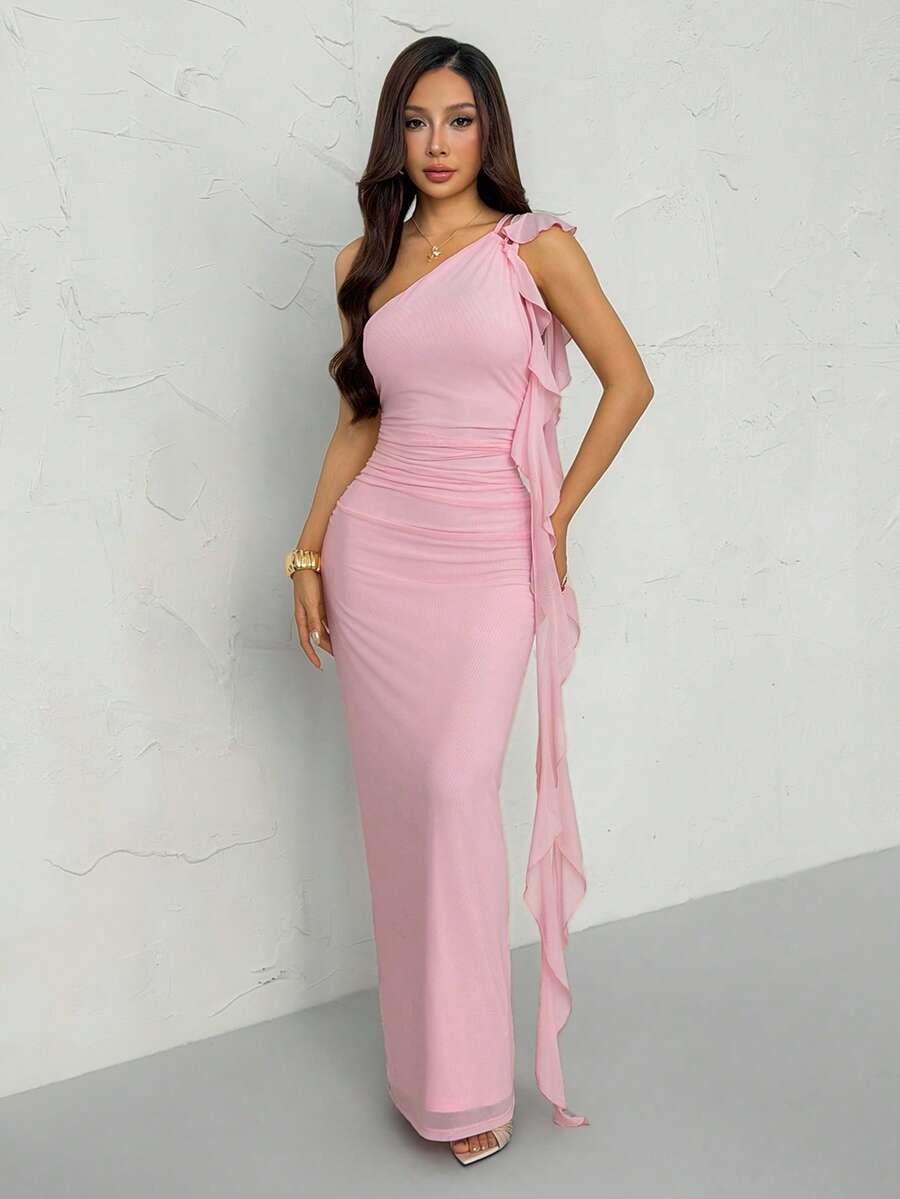 SHEIN PETITE Asymmetric Ruched Backless Long Mesh Ruffled Hem Dress, Elegant Vacation Beach Dress, Spring/Summer - Baby Pink - View 1