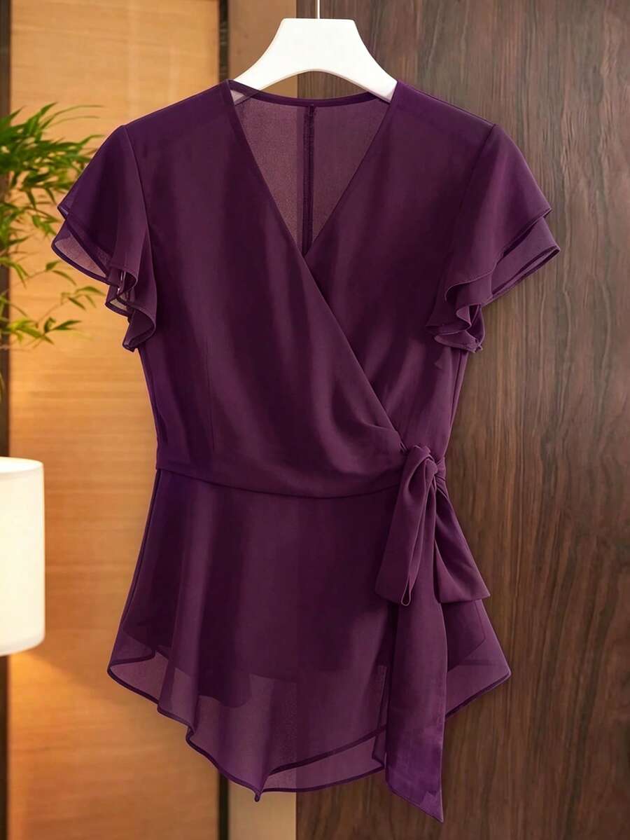 Franclia Áo cánh chiffon cổ chữ V xếp nếp buộc eo xòe tay - Màu tím - Xem 1