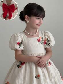 SHEIN 小女孩连衣裙，饰有大蝴蝶结，优雅气质，淑女风薄纱 - 杏色 - 查看 2