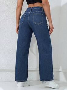 SHEIN PETITE Women's Beaded Five-Pointed Star Patch Dark Blue Wide-Leg Jeans - Dark Wash - View 2