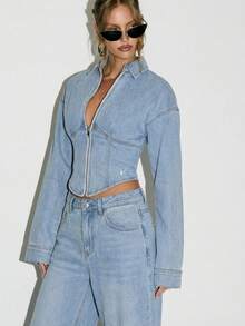 KIZN Áo khoác denim dáng ngắn, khóa kéo phía trước, cổ bẻ và tay dài, thích hợp để mặc nhiều lớp trong ngày. - Màu xám đen - Xem 5