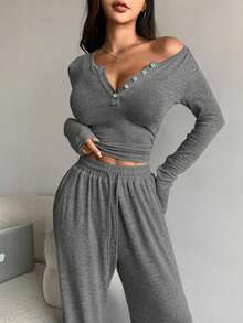 DAZY 2pcs Women Spring/Summer Solid Color Button Front Long Sleeve T-Shirt And Drawstring Waist Pants Casual Set Y2k Tracksuits Women Set Lounge Sets For Women - Grey - View 6