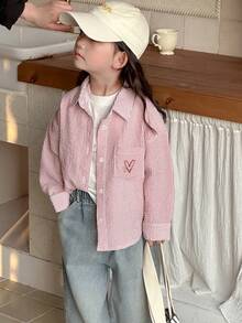 DAZY 女童条纹落肩长袖单排扣休闲口袋衬衫 - 粉色 - 查看 5