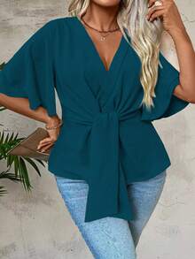 Linhara CURVE Plus Size Women's Fashionable Solid Color V-Neck Short Sleeve Blouse - Teal Blue - View 3