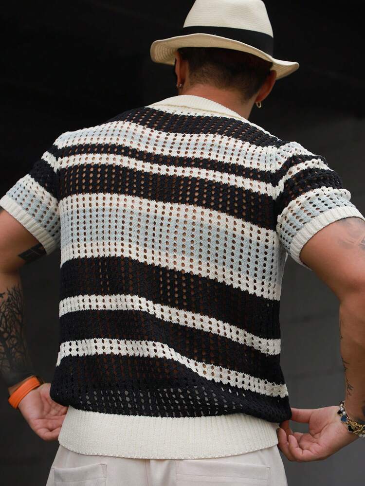 Men's Striped Polo Neck Knit Top