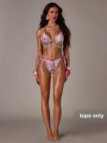 SHEIN BAE 女士3D立体花卉装饰挂脖比基尼上衣，水晶串珠网纱 - 粉色 - 查看 3