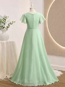 Girls' Elegant Sage Green V-Neck Sleeveless Long Chiffon Dress,Asymmetrical Hem Wedding Guest Summer Bridesmaid Dress For Kids Formal Graduation - Green - View 2