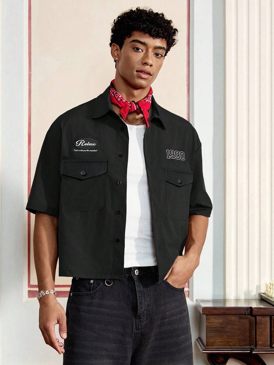 SWAVVY Áo sơ mi nam tay ngắn thêu họa tiết, kiểu dáng thường ngày, thích hợp cho mùa xuân/hè. - màu đen - Xem 1