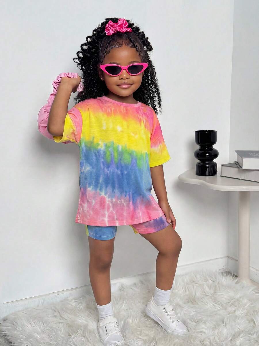 SHEIN Young Girl Casual Tie-Dye Print Dropped Shoulder T-Shirt And Shorts Set Summer Outfits - Multicolor - View 1