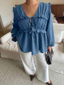 Dripcurv 大码女式黑色V领休闲灯笼袖上衣，宽松日常度假风格，适合新年和情人节穿着。 - 霧霾藍 - 查看 4