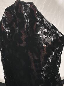 SHEIN 孕妇优雅V领贝壳边饰撞色蕾丝收腰连衣裙，夏季 - 黑色 - 查看 7