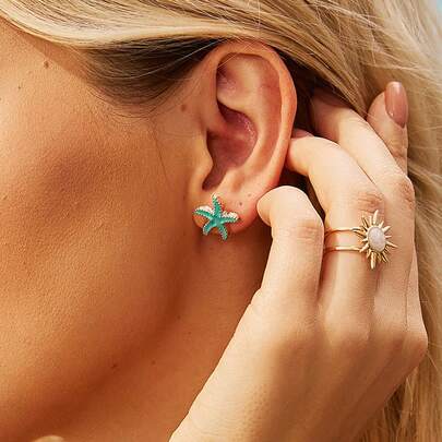 Swim Mod 1 Pair Fashion 3D Alloy Colorful Pearl Coated Starfish Stud Earrings