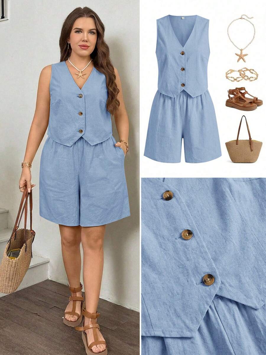 SHEIN LUNE Setelan Kasual 2 Potong Ukuran Plus Polos Atasan Tanpa Lengan dengan Kancing Depan dan Celana Pendek - Baby Blue - View 1