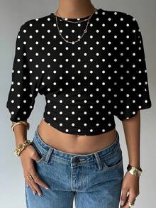 Aloruh Blusa de mujer de unicolor con cuello redondo, mangas tipo murciélago y diseño fruncido, top corto de moda - Blanco y Negro - Ver 3