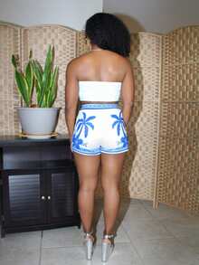 Steph T Casual Minimalist Vacation Bohemian Elegant Romantic Retro Blue Floral Botanical Coconut Tree Print Pattern, Comfortable Tie-Up Twist Bandeau Crop Top And Bodycon Shorts Set For Women, Suitable For Spring/Summer Spring - Multicolor - View 2