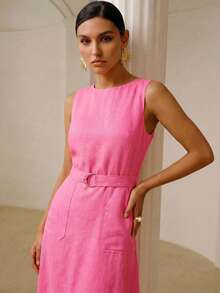 ZEYLAH 亚麻束带连衣裙 - 玫紅色 - 查看 1